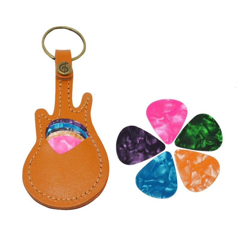 PUNK Leather Guitar Picks Case Guitar Pick Holders with Keyring Guitar Plectrums Bag for Guitar Pick Bag with 5Pcs Plectrums Gift(Black) - Image 1